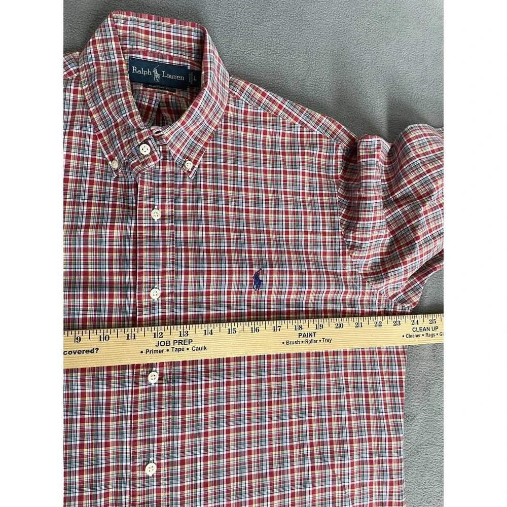 Polo‎ Ralph Lauren Custom Fit Red / Green Plaid Mens Button Down Sz Lrg